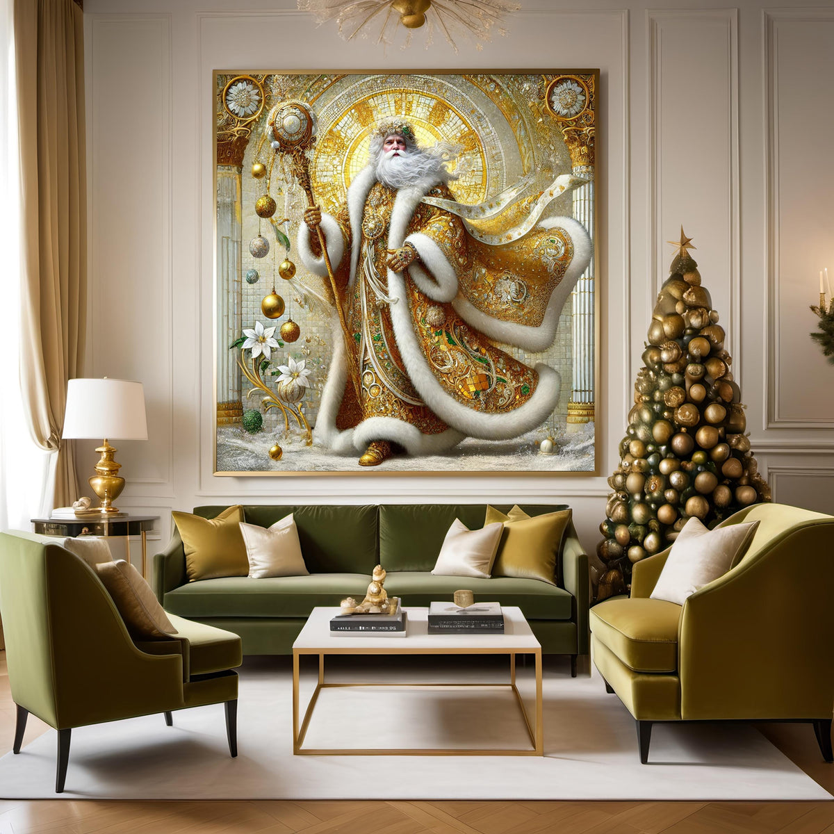Golden Father Christmas Vintage Santa Art Print Regal Gilded Winter King Holiday Wall Decor Digital Art