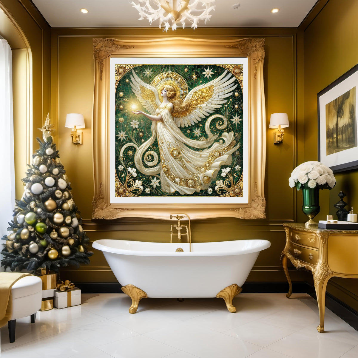 Art Nouveau Angel Wall Art Digital Download Vintage Gold White Celestial Angel Painting Sacred Home Decor