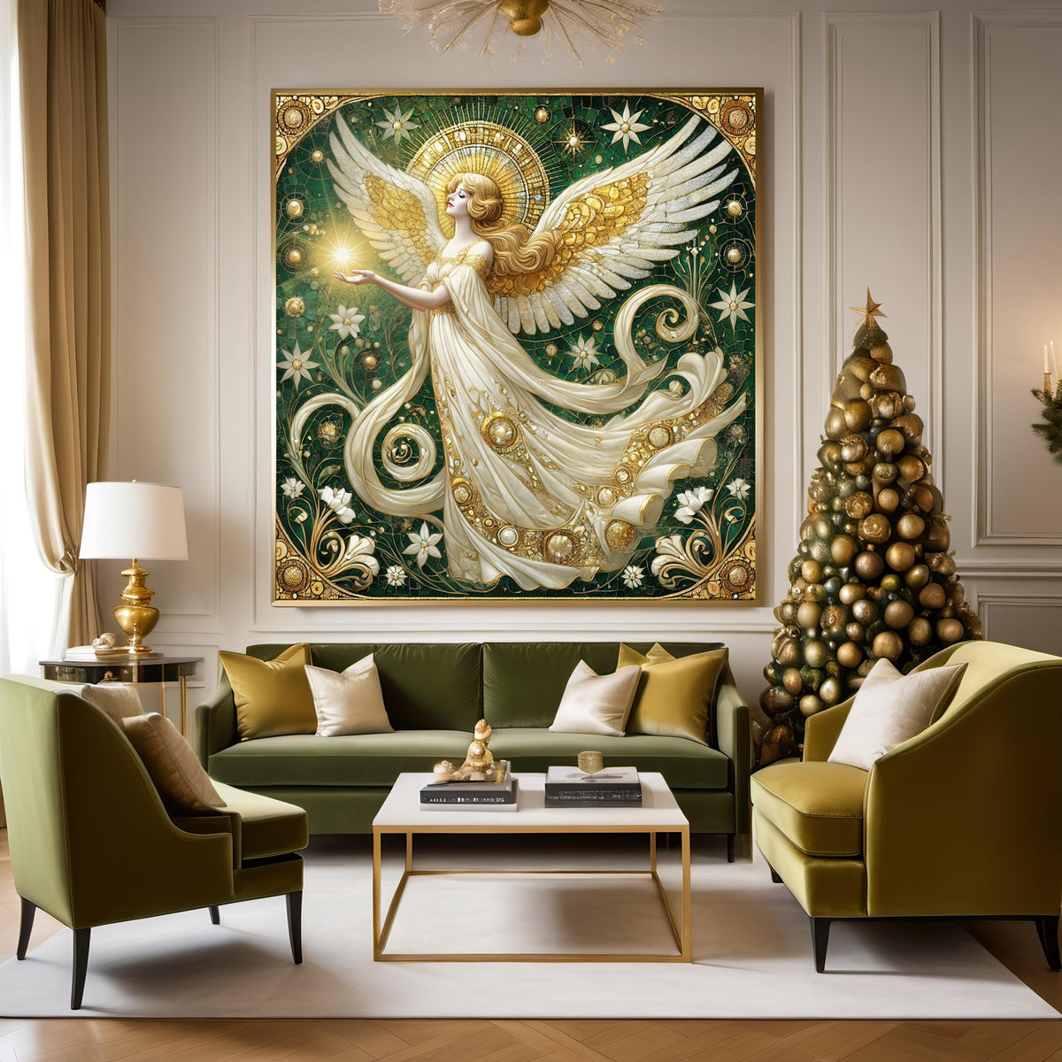 Art Nouveau Angel Wall Art Digital Download Vintage Gold White Celestial Angel Painting Sacred Home Decor