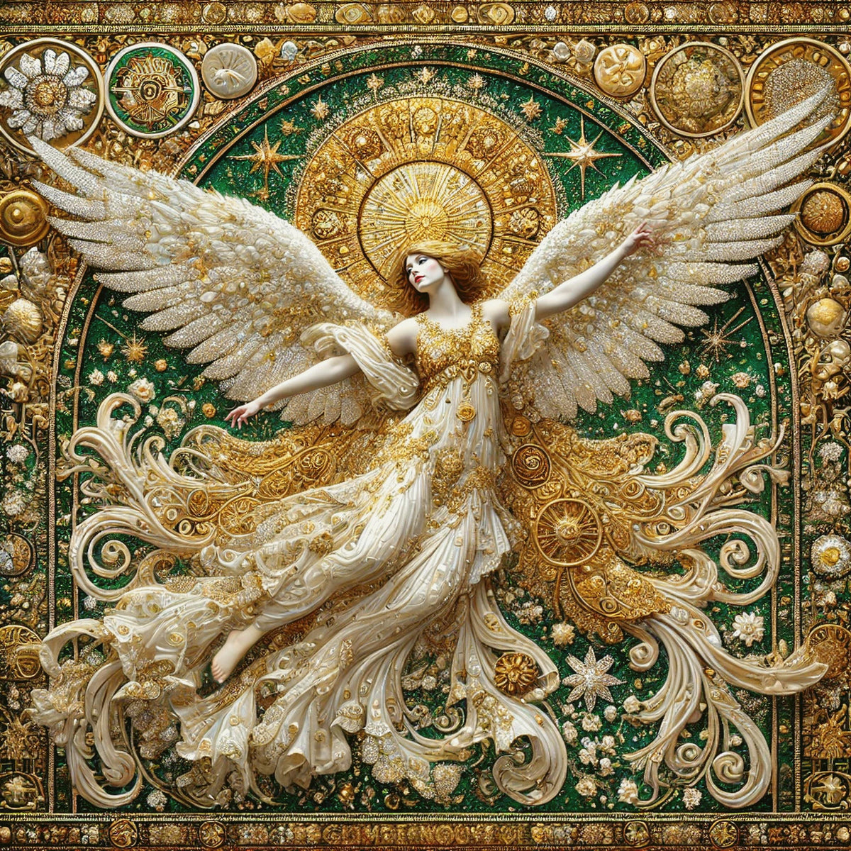 Luminous Gilded Angel Wall Art Digital Download Vintage Gold Emerald Angel Painting Sacred Celestial Home Decor