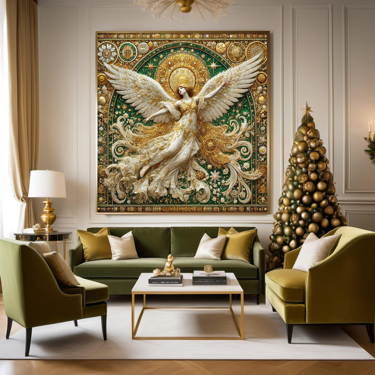 Luminous Gilded Angel Wall Art Digital Download Vintage Gold Emerald Angel Painting Sacred Celestial Home Decor