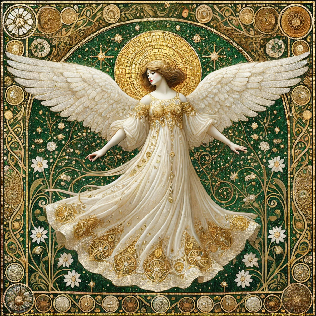 Luminous Guardian Angel Wall Art Digital Download Vintage Cathedral Angel Painting Gold White Sacred Home Decor
