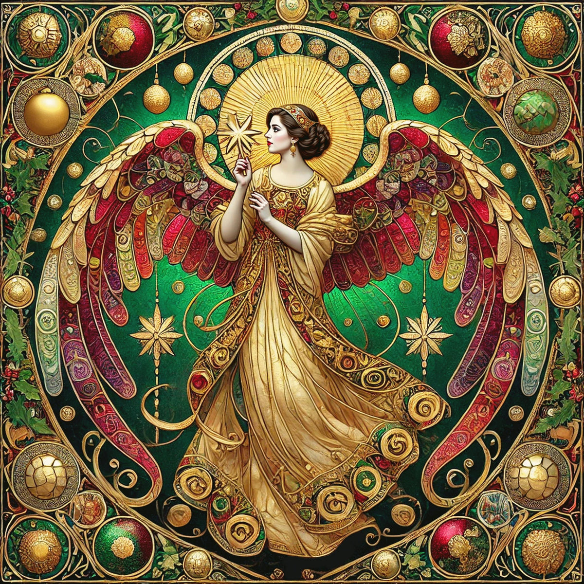 Christmas Angel Wall Art Digital Download Vintage Cathedral Angel Painting Red Green Gold Celestial Home Decor