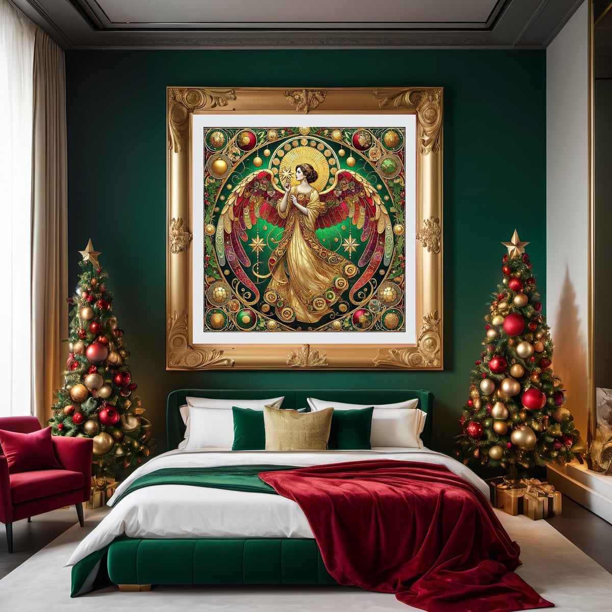 Christmas Angel Wall Art Digital Download Vintage Cathedral Angel Painting Red Green Gold Celestial Home Decor
