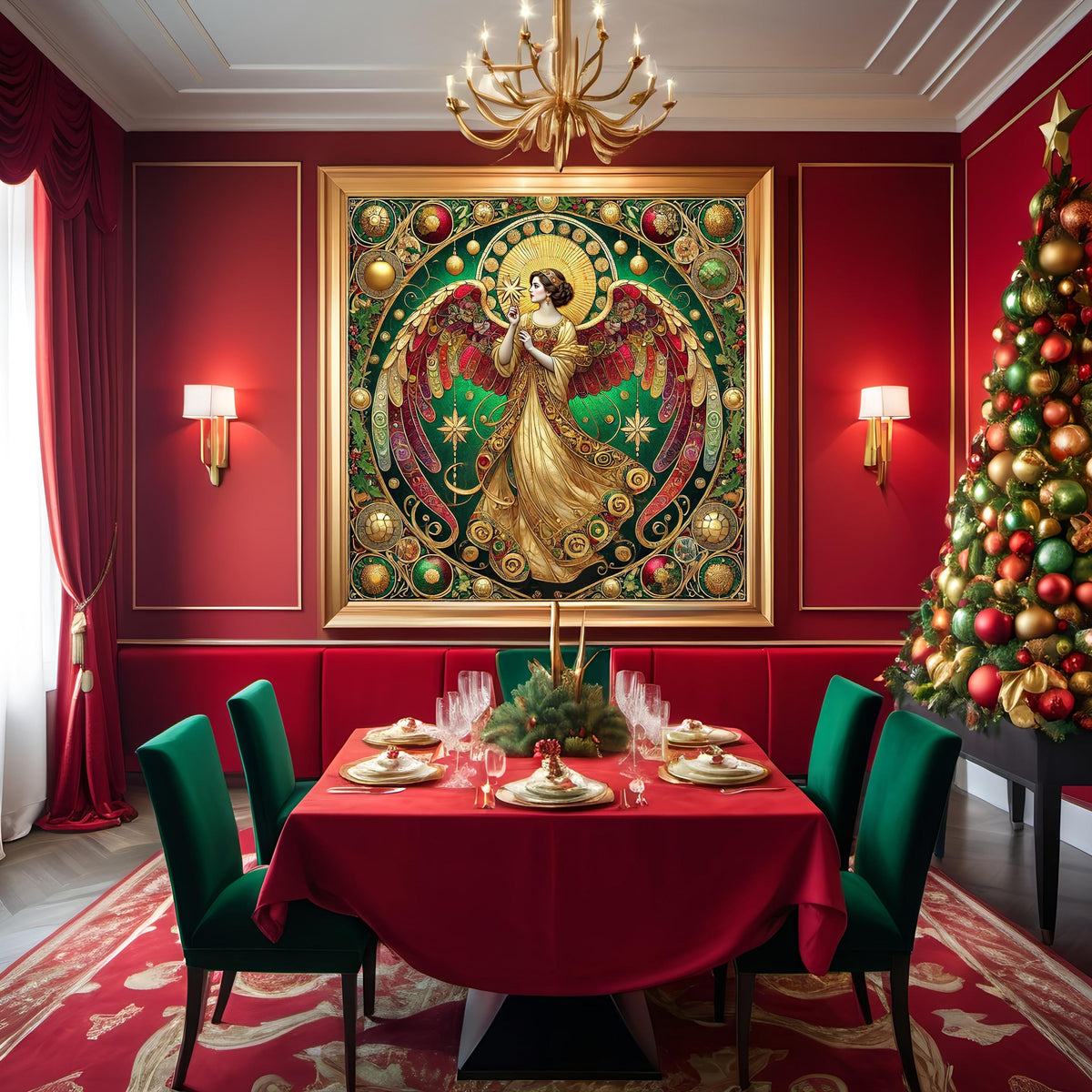 Christmas Angel Wall Art Digital Download Vintage Cathedral Angel Painting Red Green Gold Celestial Home Decor
