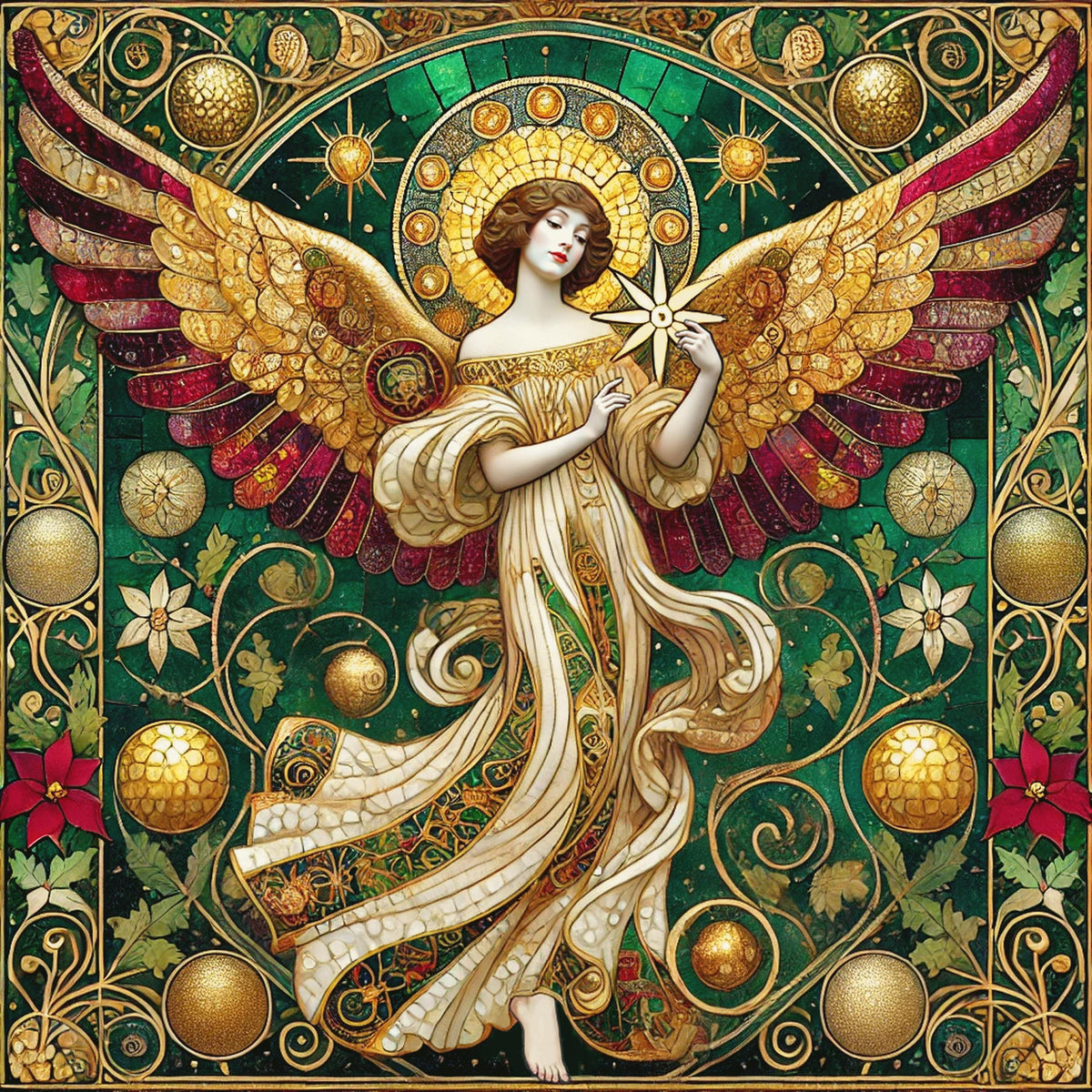 Vintage Christmas Angel Wall Art Digital Download Cathedral Angel Painting Red Green Gold Sacred Home Decor