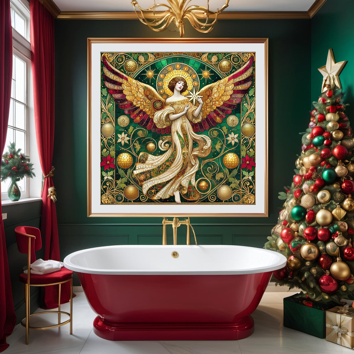 Vintage Christmas Angel Wall Art Digital Download Cathedral Angel Painting Red Green Gold Sacred Home Decor