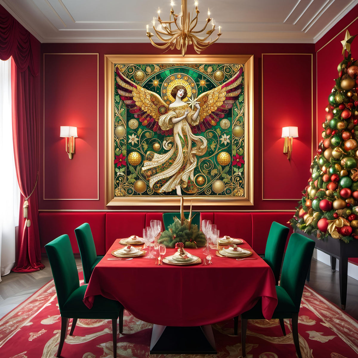 Vintage Christmas Angel Wall Art Digital Download Cathedral Angel Painting Red Green Gold Sacred Home Decor