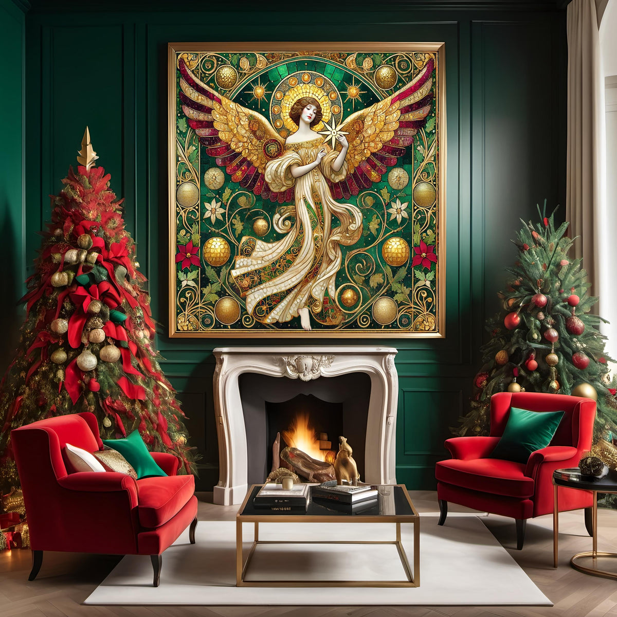 Vintage Christmas Angel Wall Art Digital Download Cathedral Angel Painting Red Green Gold Sacred Home Decor