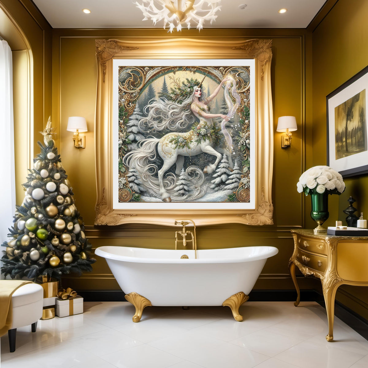 Winter Spellbound Unicorn Guardian: Vintage Fantasy Oil Painting Style Wall Art (Digital Download)