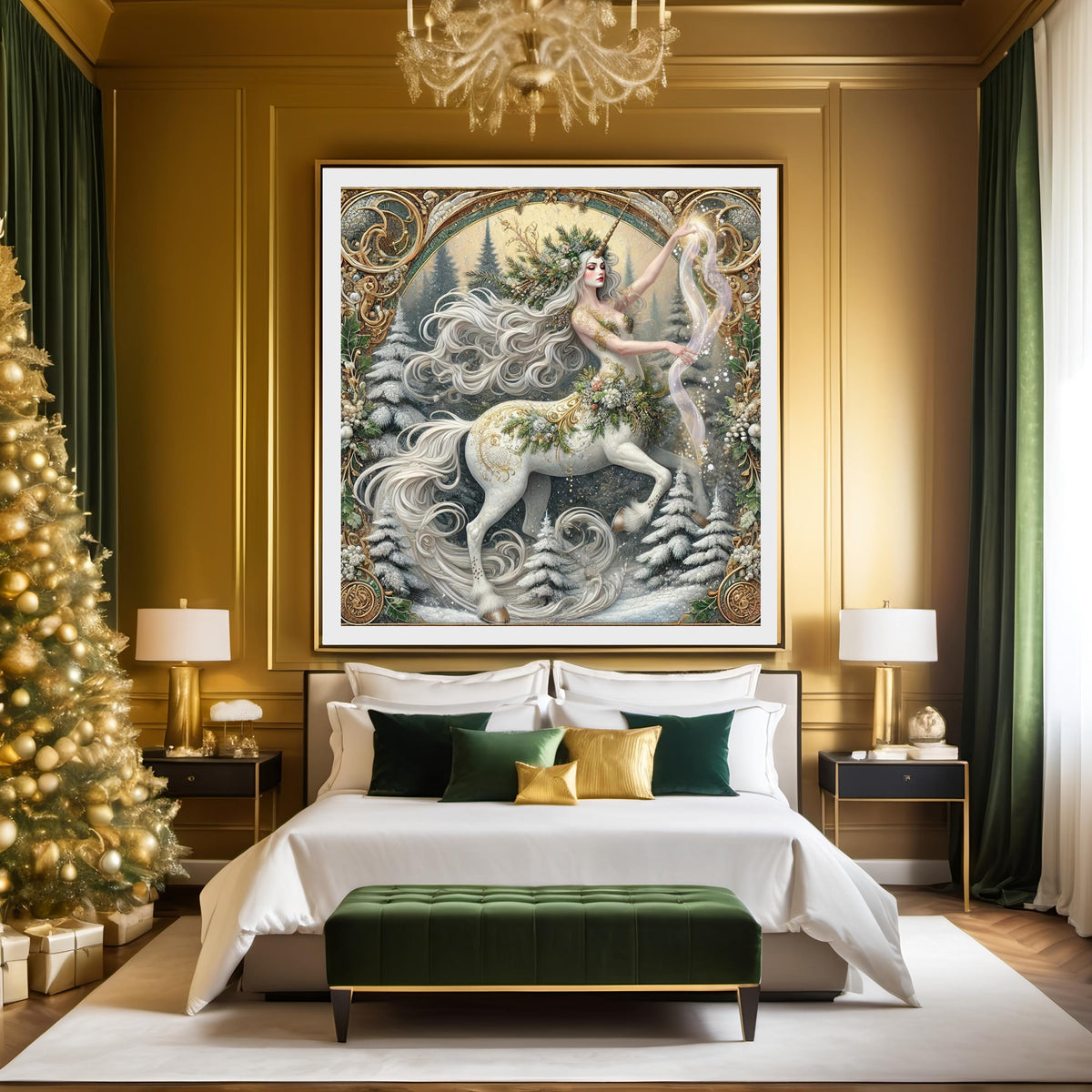 Winter Spellbound Unicorn Guardian: Vintage Fantasy Oil Painting Style Wall Art (Digital Download)