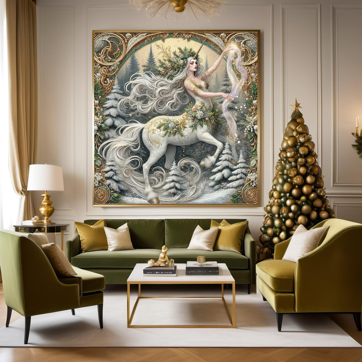 Winter Spellbound Unicorn Guardian: Vintage Fantasy Oil Painting Style Wall Art (Digital Download)