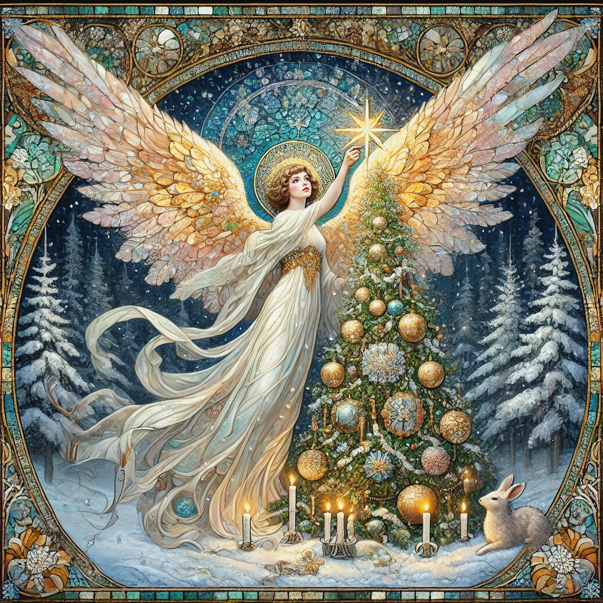 Christmas Tree Angel Wall Art Digital Download Vintage Winter Angel Painting Gold White Holiday Home Decor