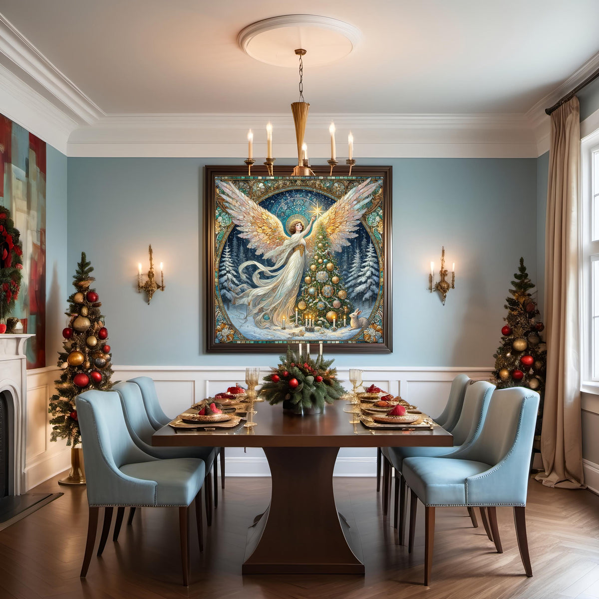 Christmas Tree Angel Wall Art Digital Download Vintage Winter Angel Painting Gold White Holiday Home Decor