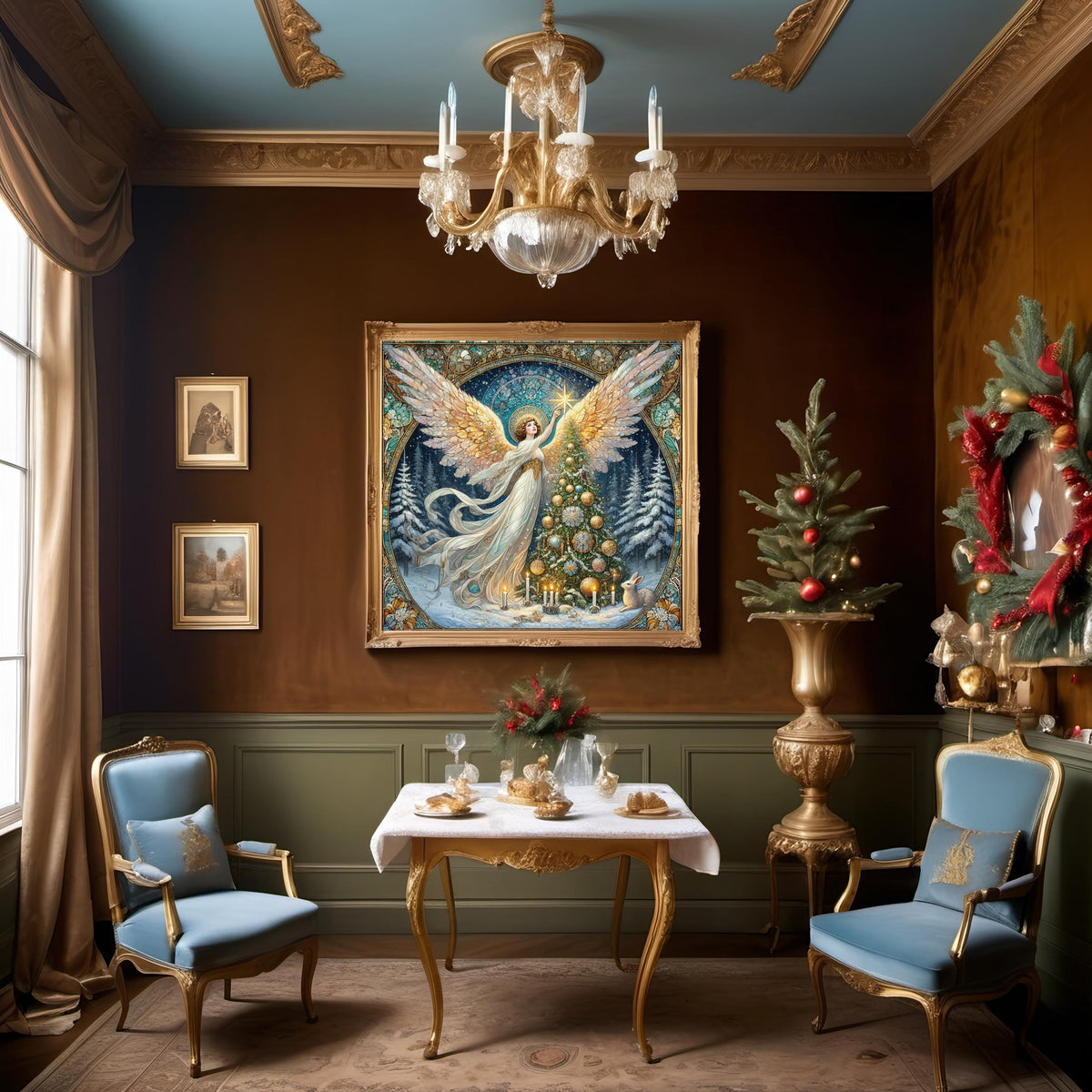 Christmas Tree Angel Wall Art Digital Download Vintage Winter Angel Painting Gold White Holiday Home Decor
