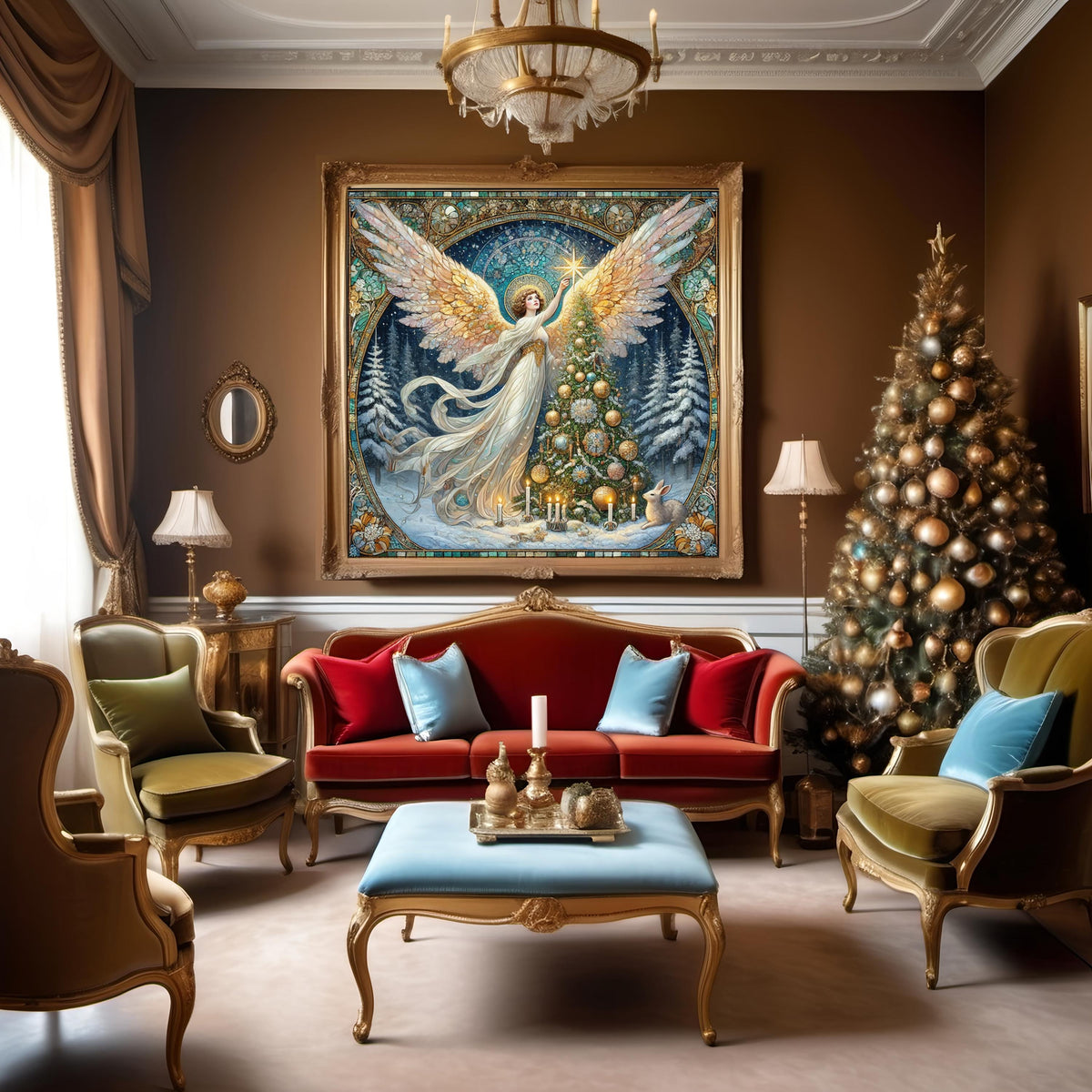 Christmas Tree Angel Wall Art Digital Download Vintage Winter Angel Painting Gold White Holiday Home Decor