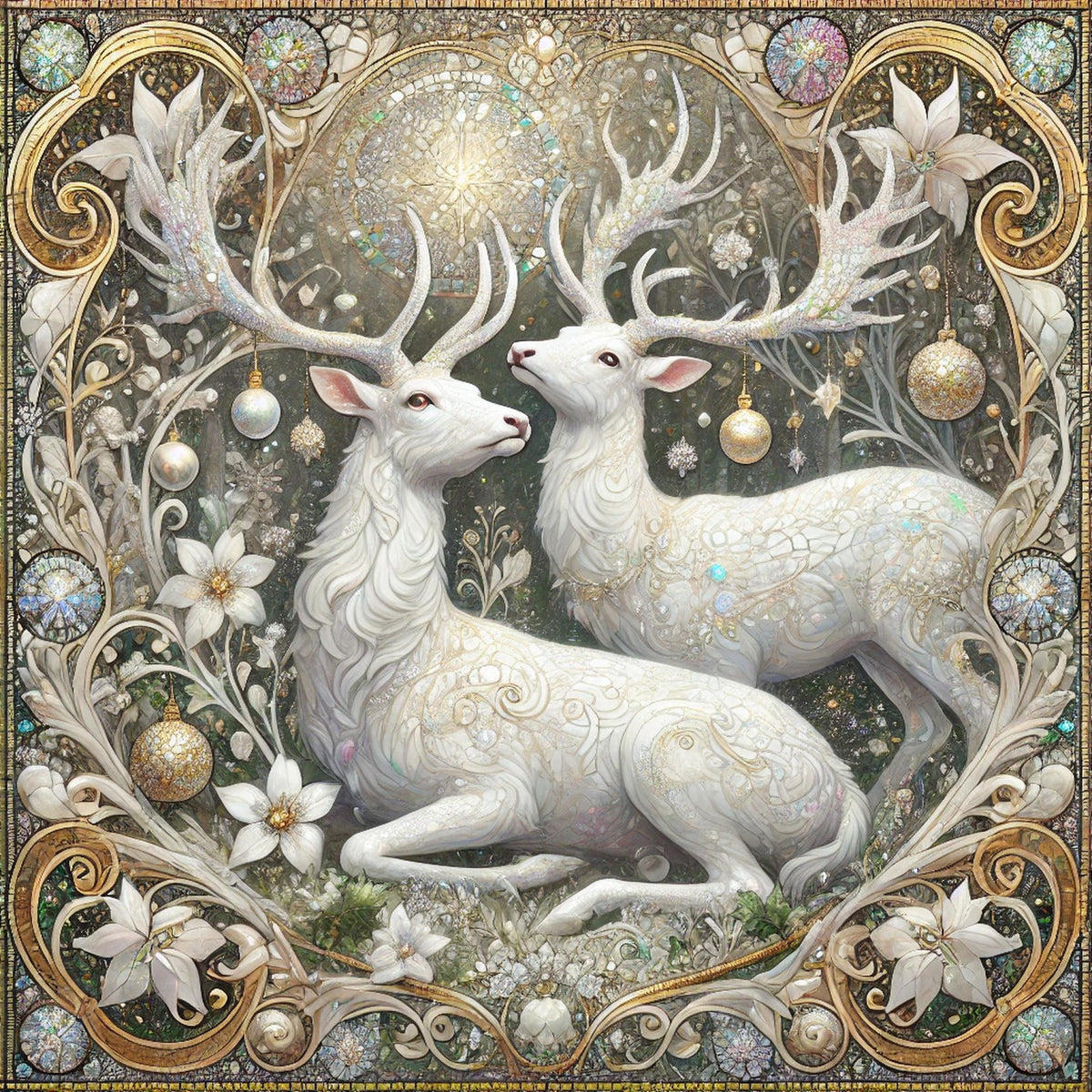 Enchanting White Stag Pair Wall Art Digital Download Winter Deer Painting Vintage Woodland Home Decor