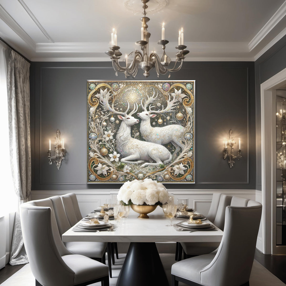 Enchanting White Stag Pair Wall Art Digital Download Winter Deer Painting Vintage Woodland Home Decor