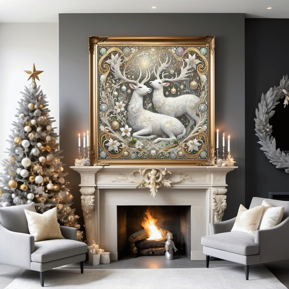 Enchanting White Stag Pair Wall Art Digital Download Winter Deer Painting Vintage Woodland Home Decor