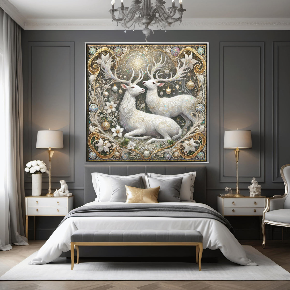 Enchanting White Stag Pair Wall Art Digital Download Winter Deer Painting Vintage Woodland Home Decor