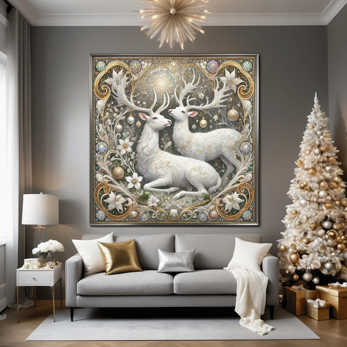 Enchanting White Stag Pair Wall Art Digital Download Winter Deer Painting Vintage Woodland Home Decor