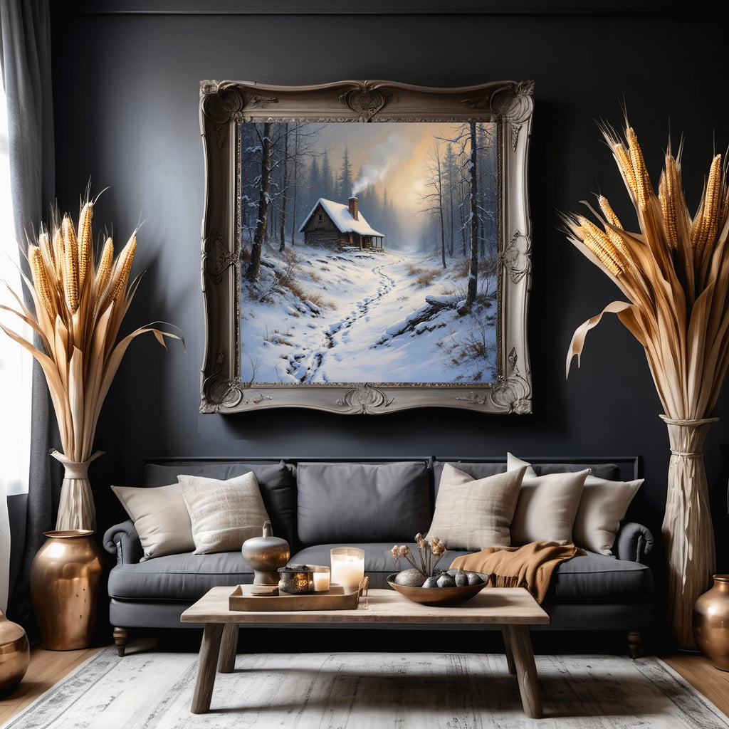 Winter Cabin in the Woods Art Print: Peaceful Snow Landscape Painting (Digital Download)