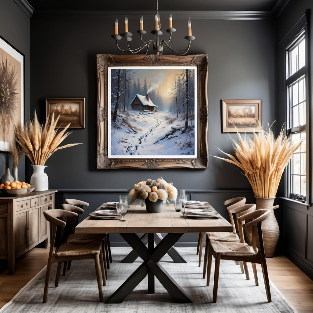 Winter Cabin in the Woods Art Print: Peaceful Snow Landscape Painting (Digital Download)