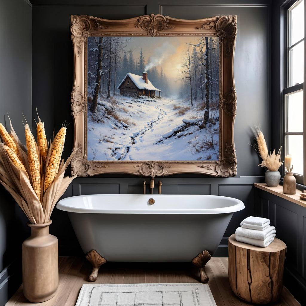 Winter Cabin in the Woods Art Print: Peaceful Snow Landscape Painting (Digital Download)
