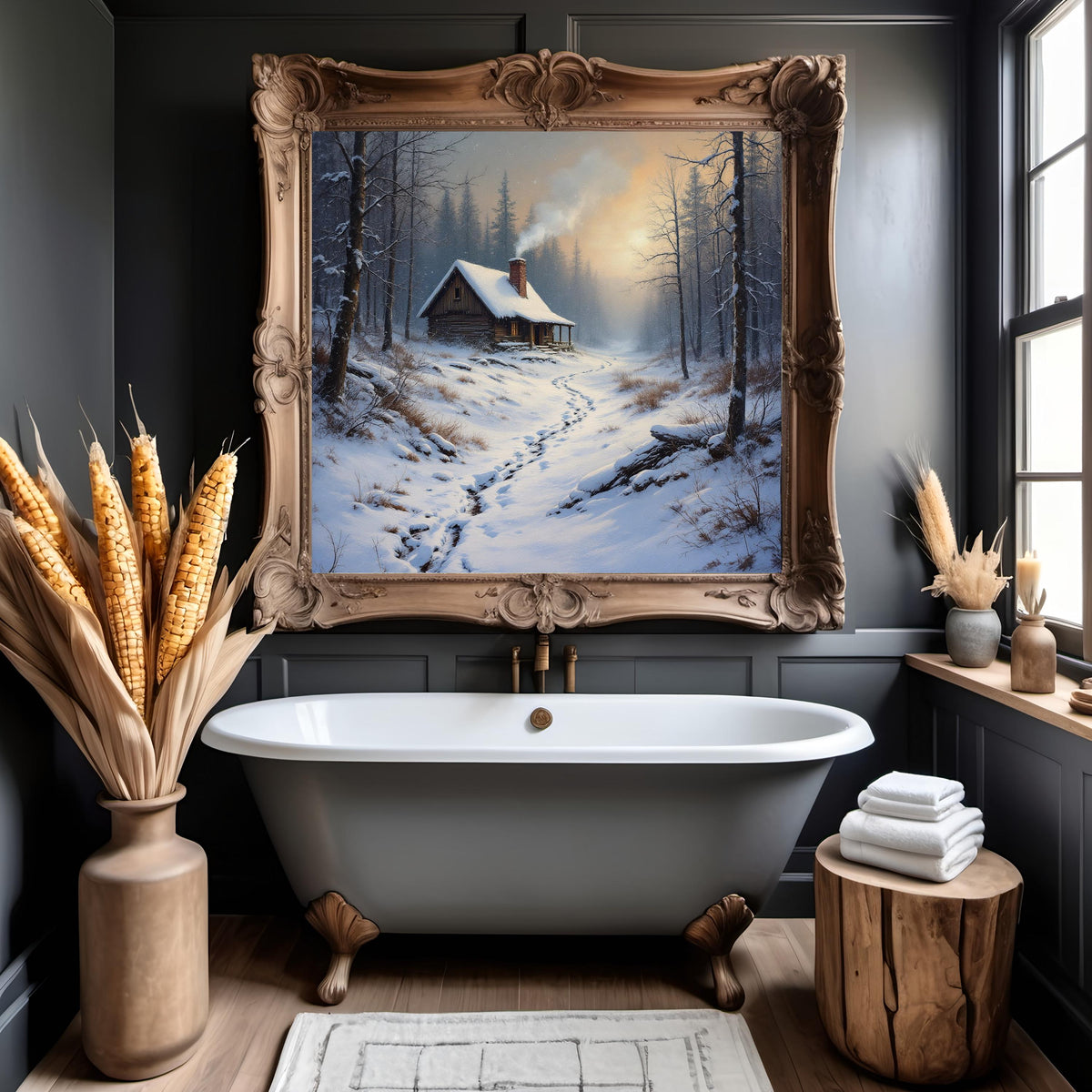 Winter Cabin in the Woods Art Print: Peaceful Snow Landscape Painting (Digital Download)