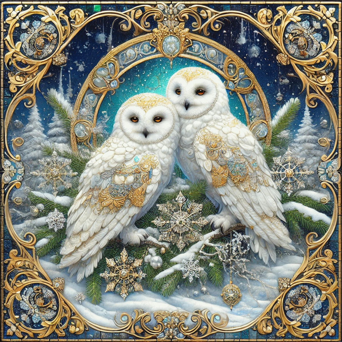 Snowy Owl Pair Wall Art Digital Download Vintage Winter Owl Painting White Gold Woodland Home Decor