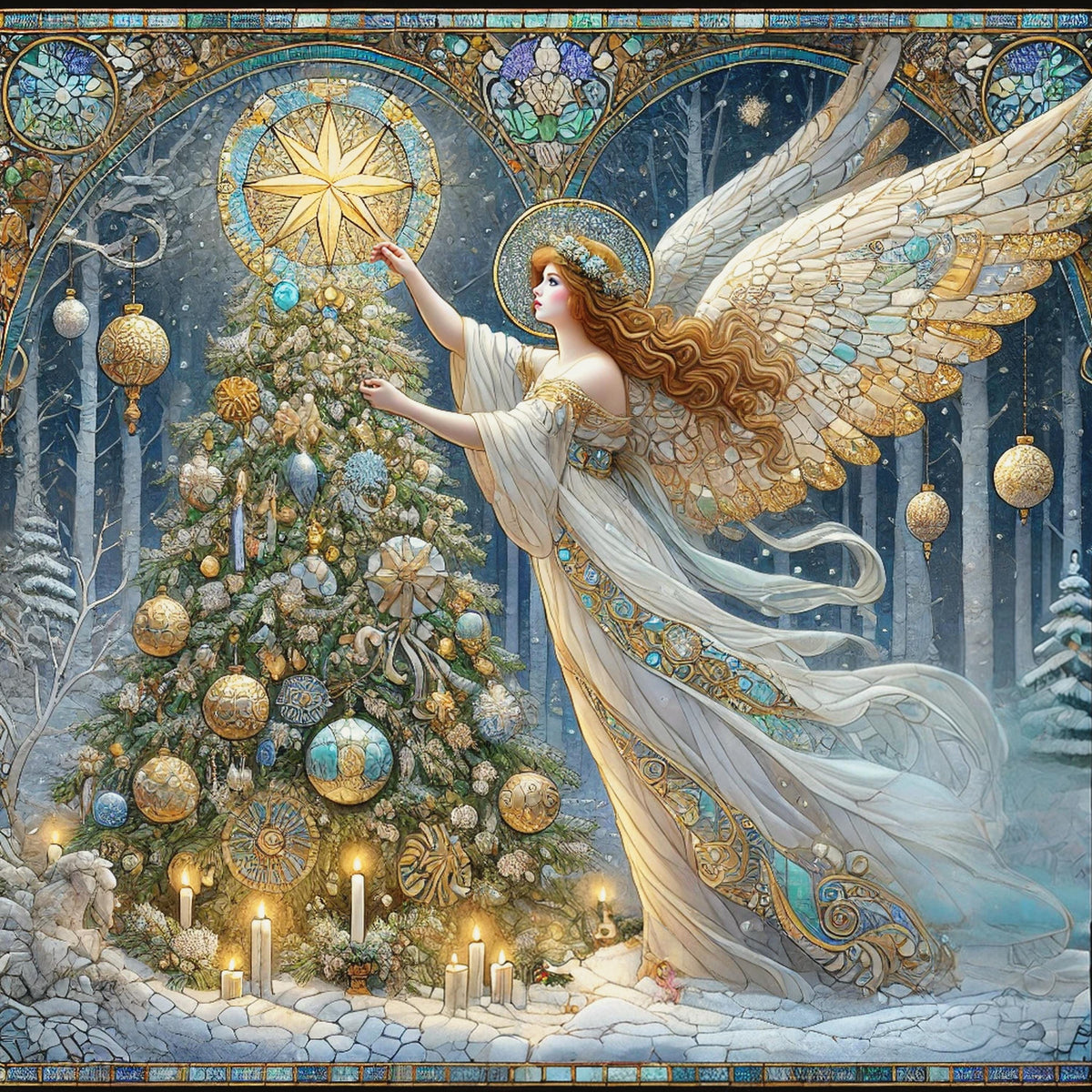 Winter Star Angel Wall Art Digital Download Vintage Blue Gold Angel Painting Snowy Forest Holiday Home Decor