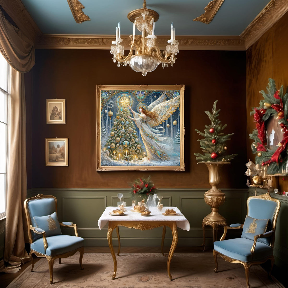 Winter Star Angel Wall Art Digital Download Vintage Blue Gold Angel Painting Snowy Forest Holiday Home Decor
