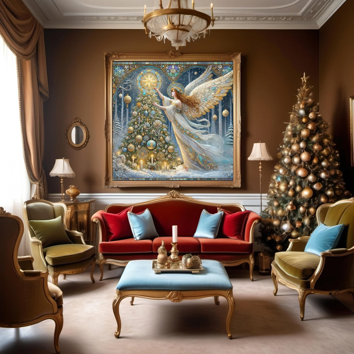 Winter Star Angel Wall Art Digital Download Vintage Blue Gold Angel Painting Snowy Forest Holiday Home Decor