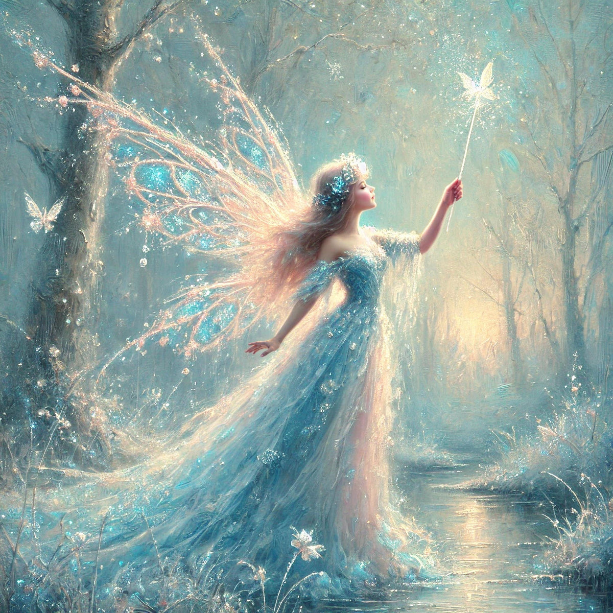 Winter Butterfly Fairy Art Print: Enchanted Moonlit Fantasy Wall Decor (Digital Download)