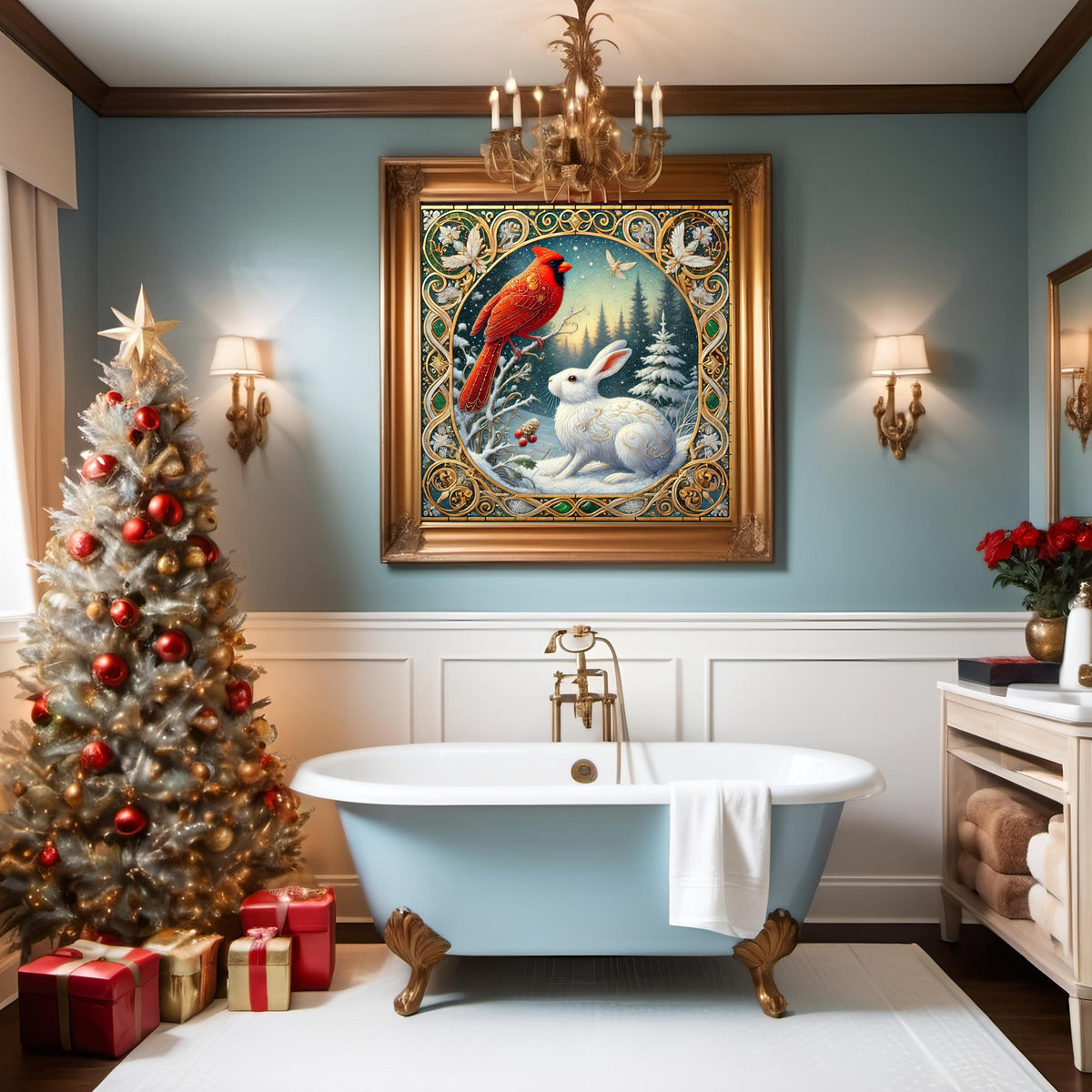 Winter Cardinal and White Rabbit Wall Art Digital Download Vintage Woodland Holiday Home Decor