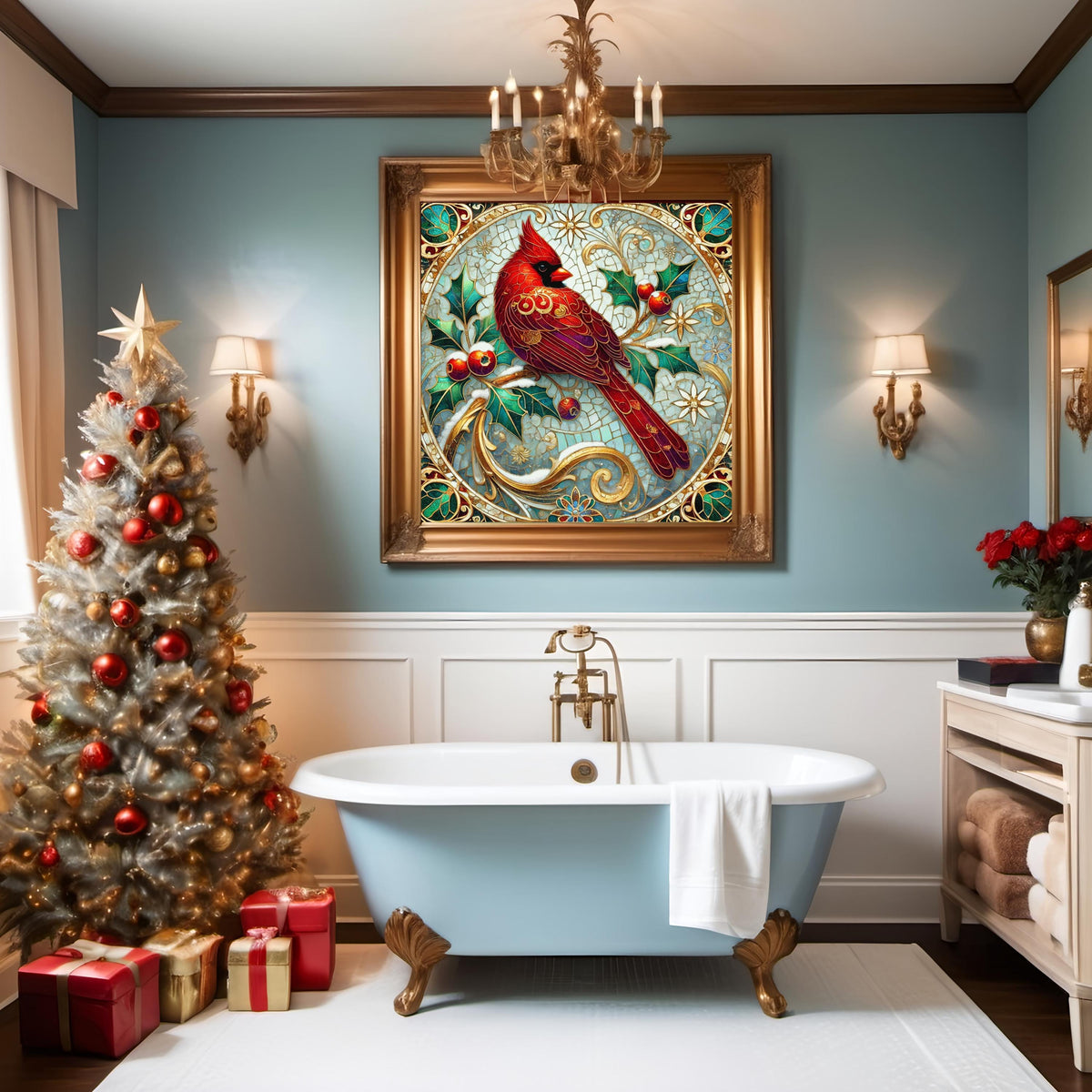 Stained Glass Cardinal Wall Art Digital Download Vintage Red Bird Winter Holiday Home Decor