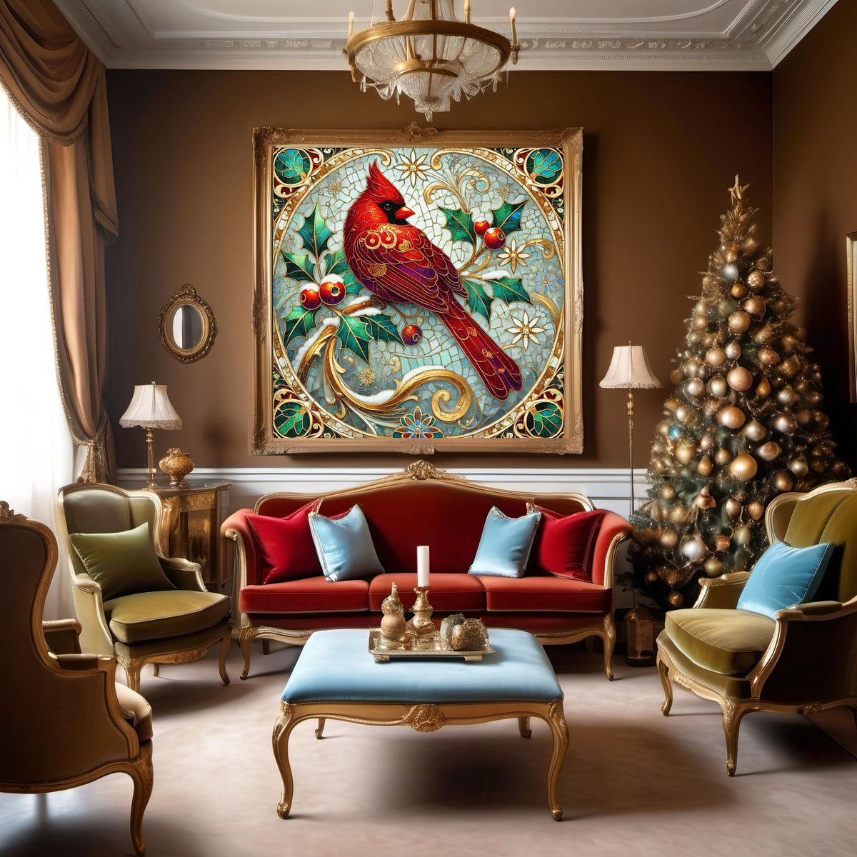 Stained Glass Cardinal Wall Art Digital Download Vintage Red Bird Winter Holiday Home Decor