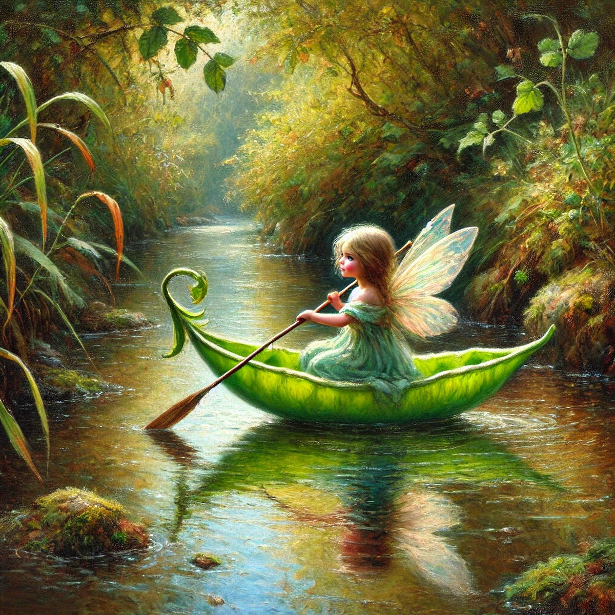 Pixie in a Pea Pod Canoe Art Print: Whimsical Fairy Tale Wall Decor (Digital Download)