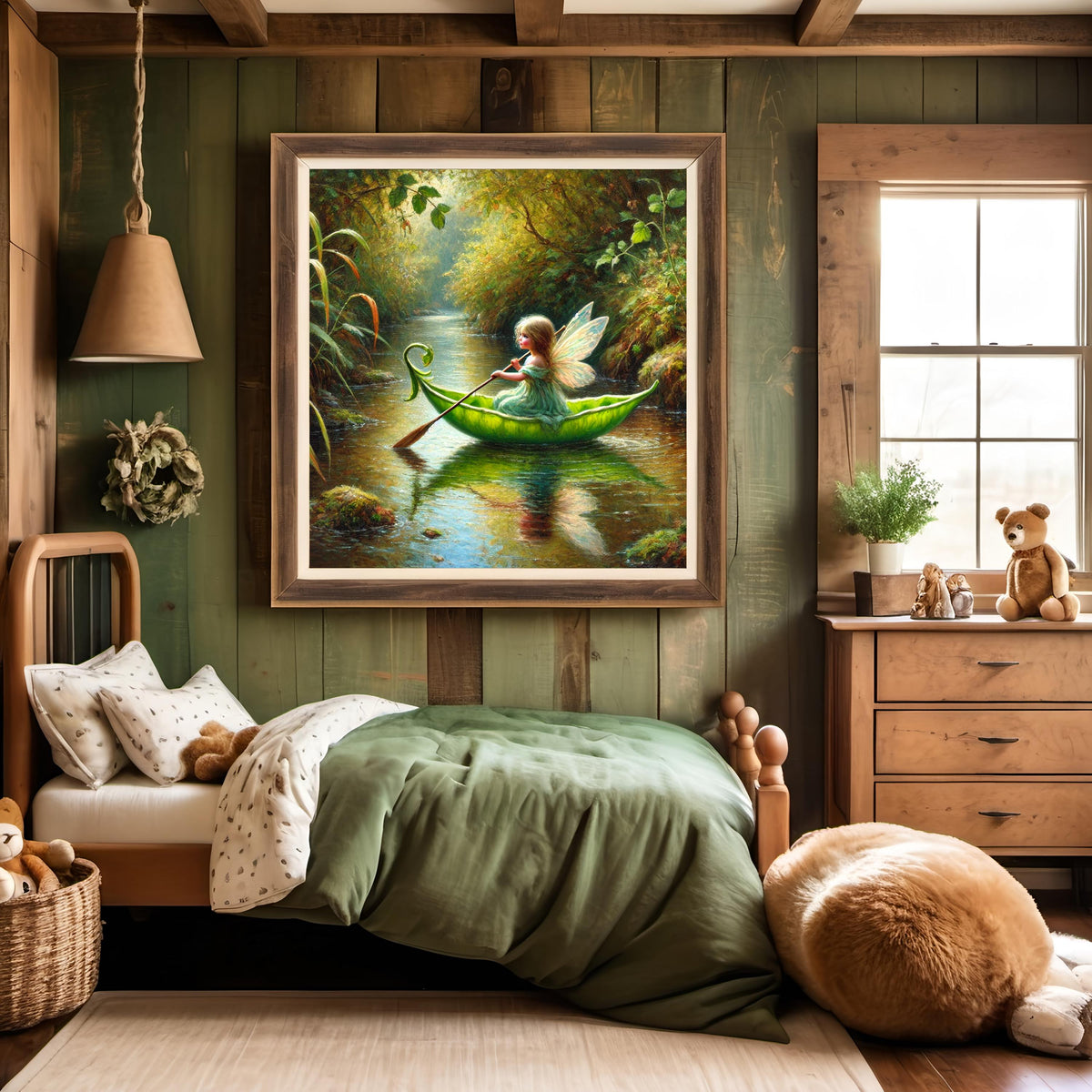 Pixie in a Pea Pod Canoe Art Print: Whimsical Fairy Tale Wall Decor (Digital Download)