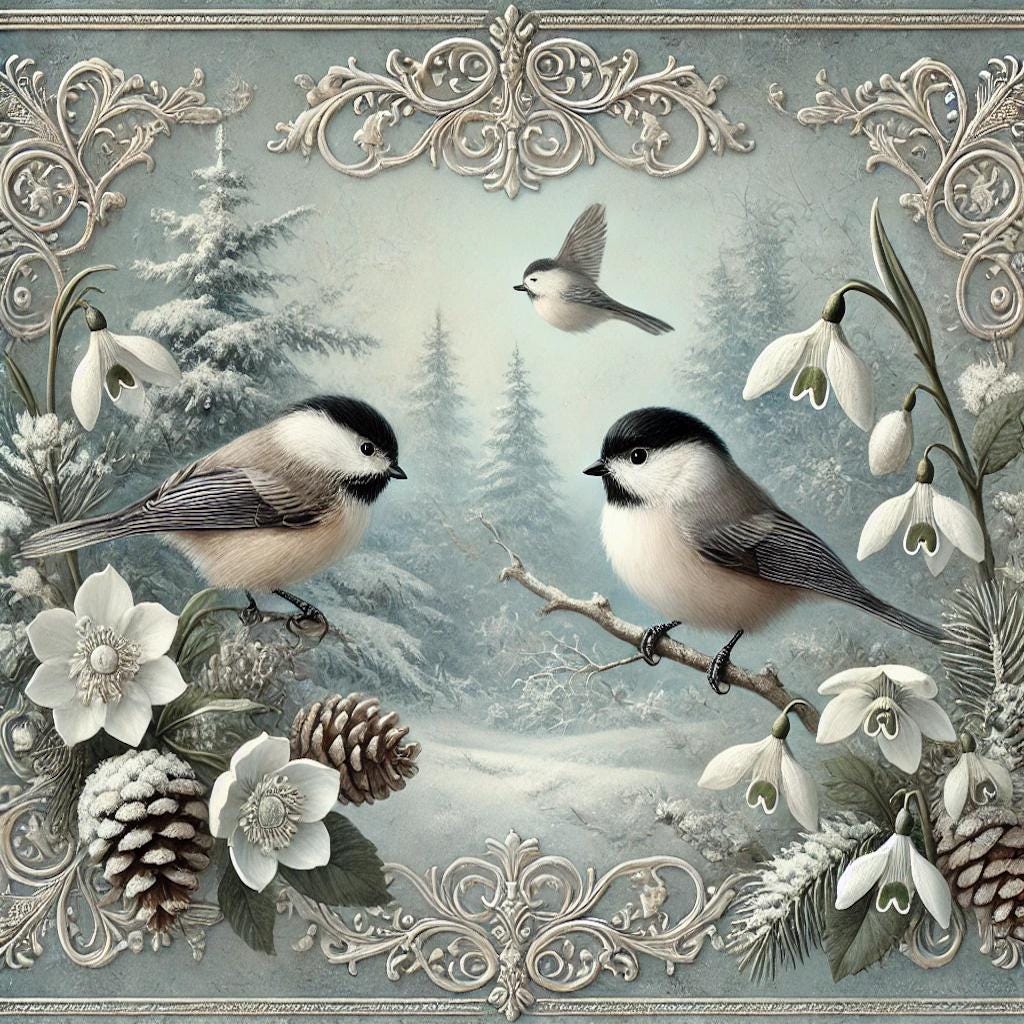 Vintage Winter Chickadees and Snowdrops Oil Painting Digital Art Print (Download)