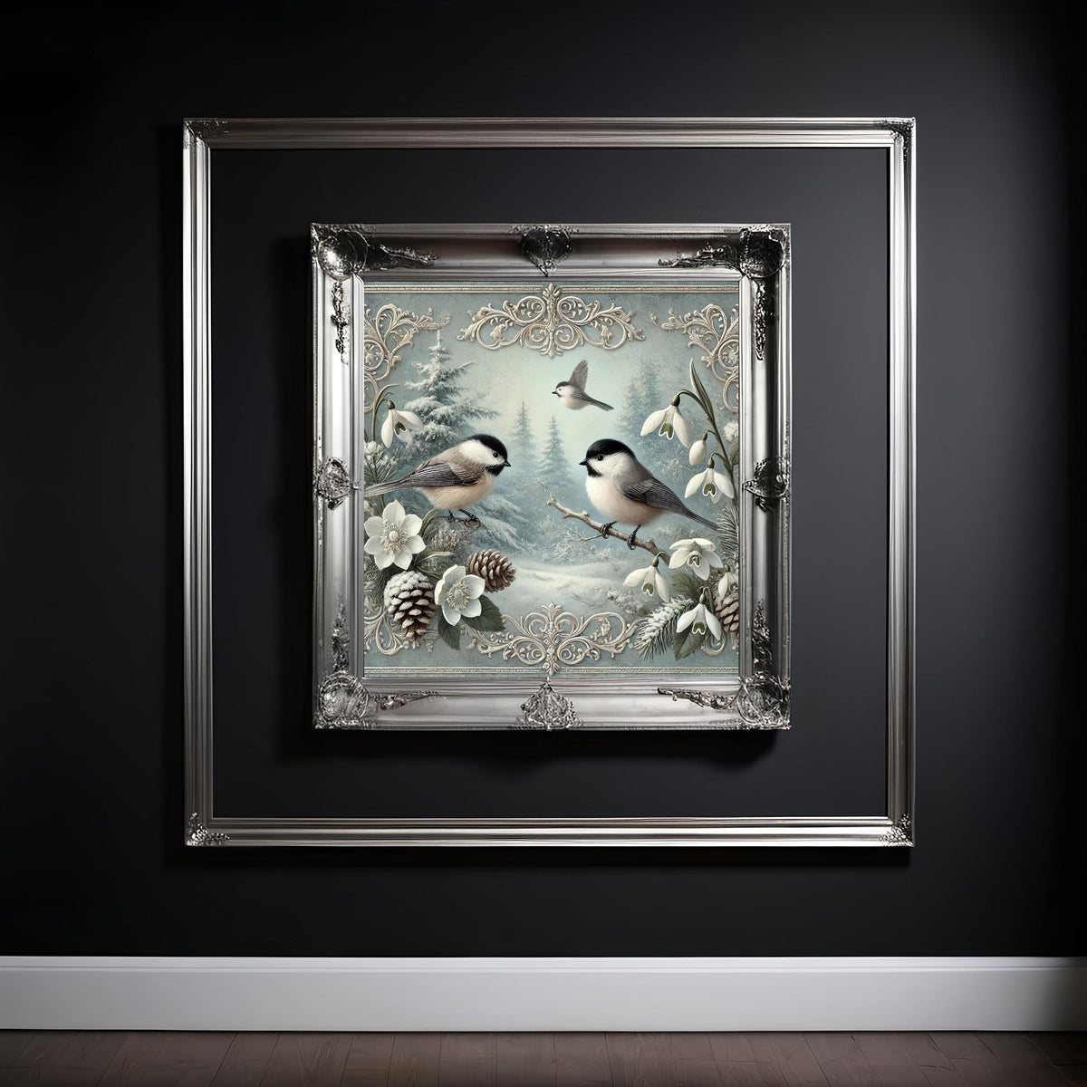 Vintage Winter Chickadees and Snowdrops Oil Painting Digital Art Print (Download)