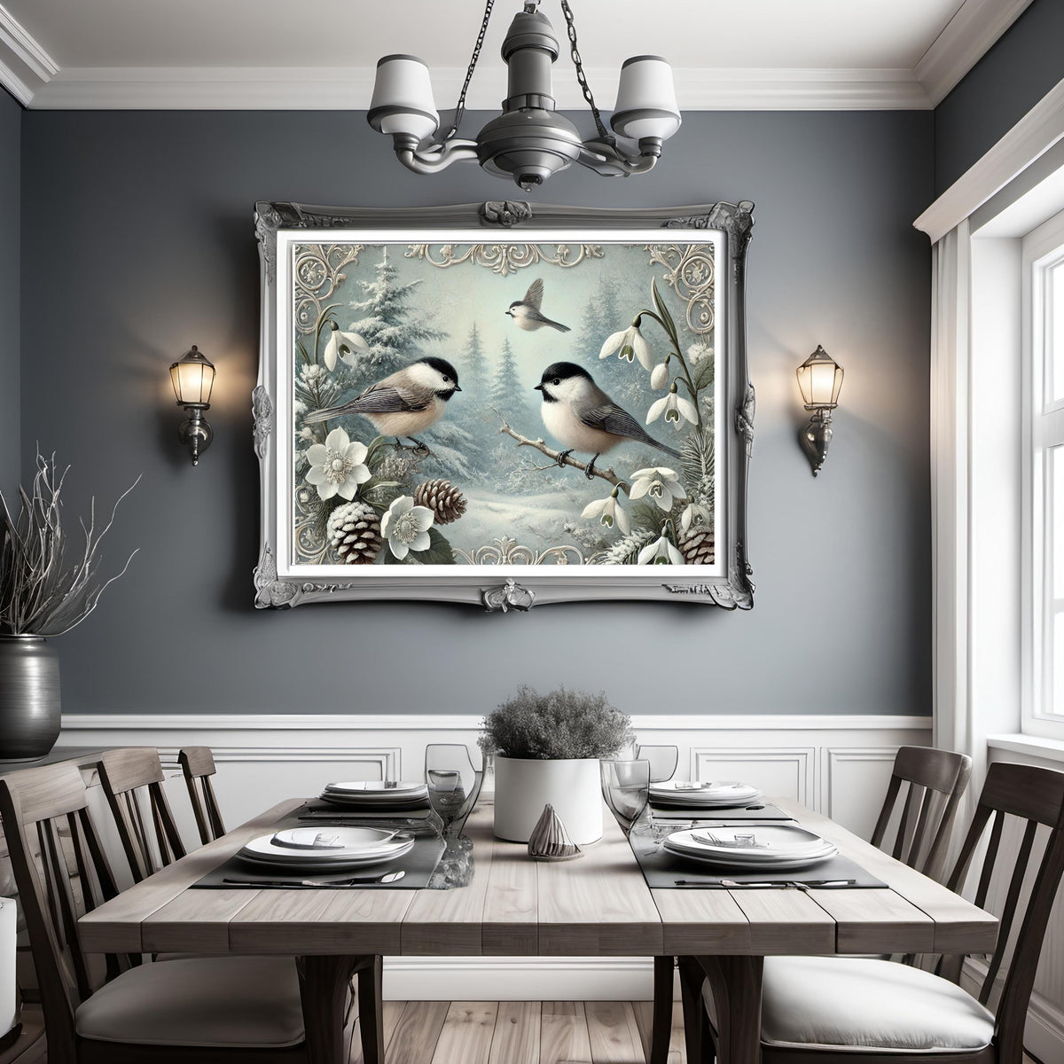 Vintage Winter Chickadees and Snowdrops Oil Painting Digital Art Print (Download)