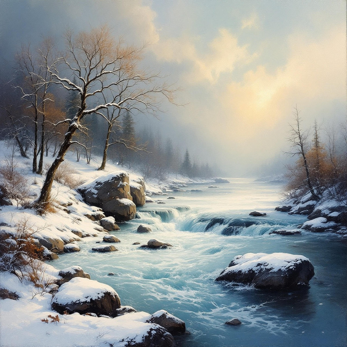 Snowy River Landscape Art Print: Golden Light Winter Scene (Digital Download)