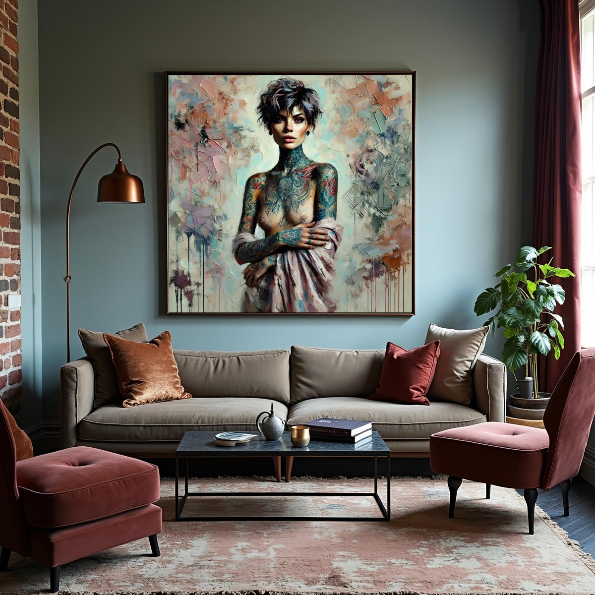 Abstract Expressionist Tattooed Woman Portrait: Oil Painting Style Modern Wall Art (Digital Art Print)