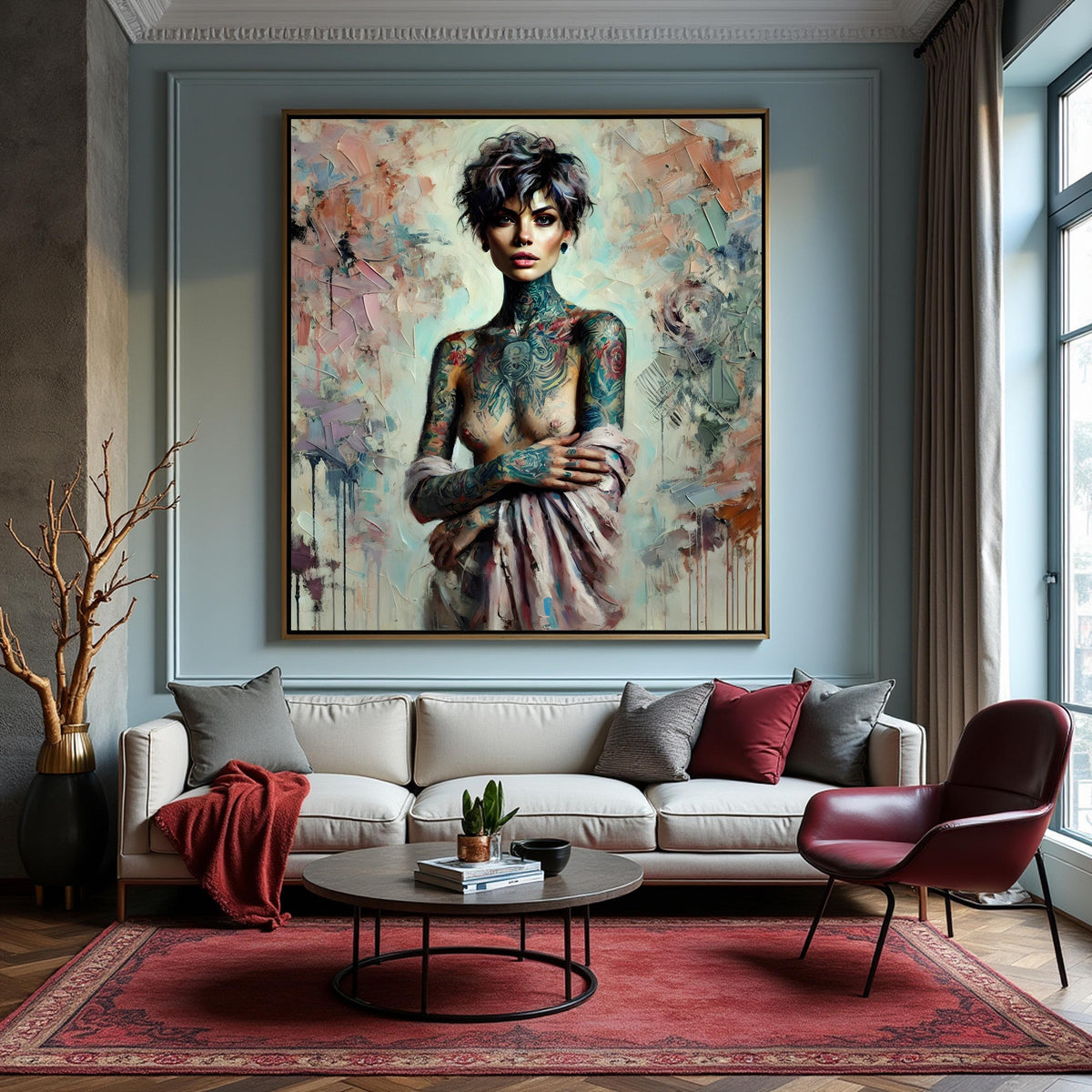 Abstract Expressionist Tattooed Woman Portrait: Oil Painting Style Modern Wall Art (Digital Art Print)