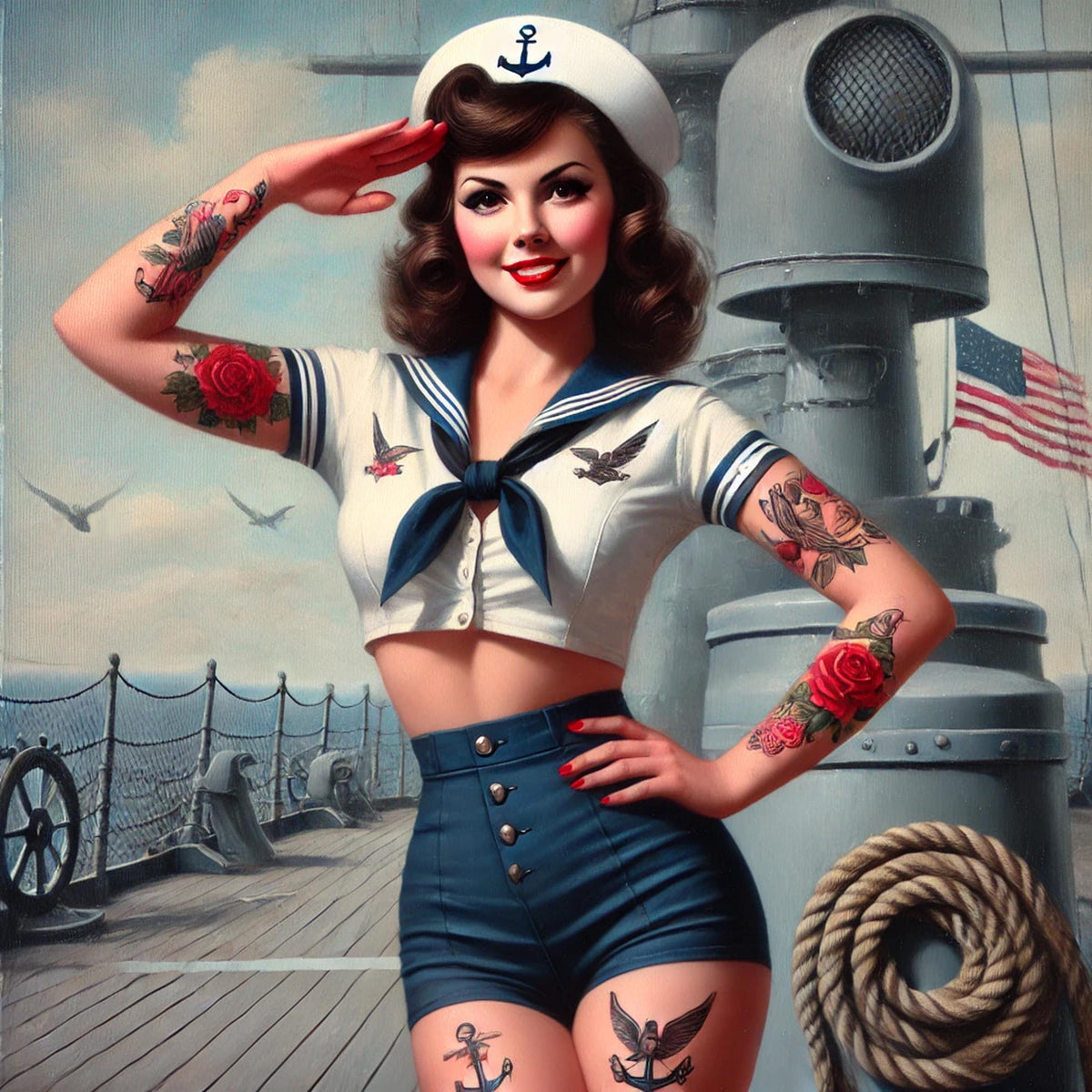 Vintage Navy Pin Up Girl 1940s Patriotic Sailor Digital Art Glamorous Pinup Wall Print Retro Decor