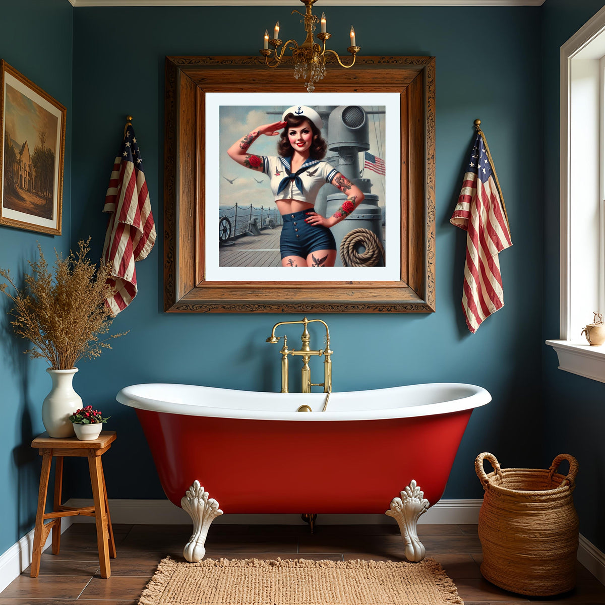 Vintage Navy Pin Up Girl 1940s Patriotic Sailor Digital Art Glamorous Pinup Wall Print Retro Decor