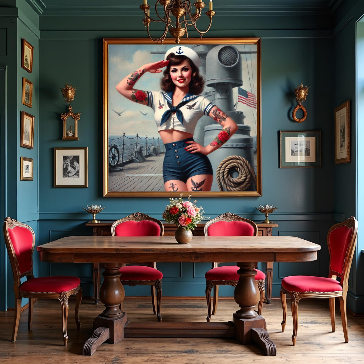 Vintage Navy Pin Up Girl 1940s Patriotic Sailor Digital Art Glamorous Pinup Wall Print Retro Decor