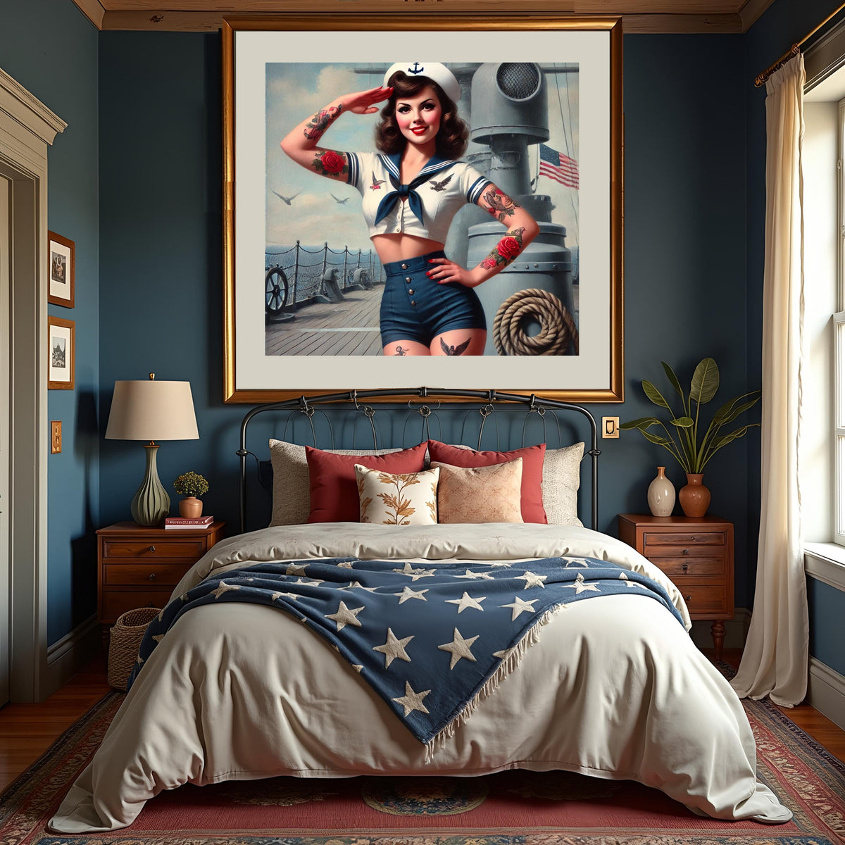 Vintage Navy Pin Up Girl 1940s Patriotic Sailor Digital Art Glamorous Pinup Wall Print Retro Decor