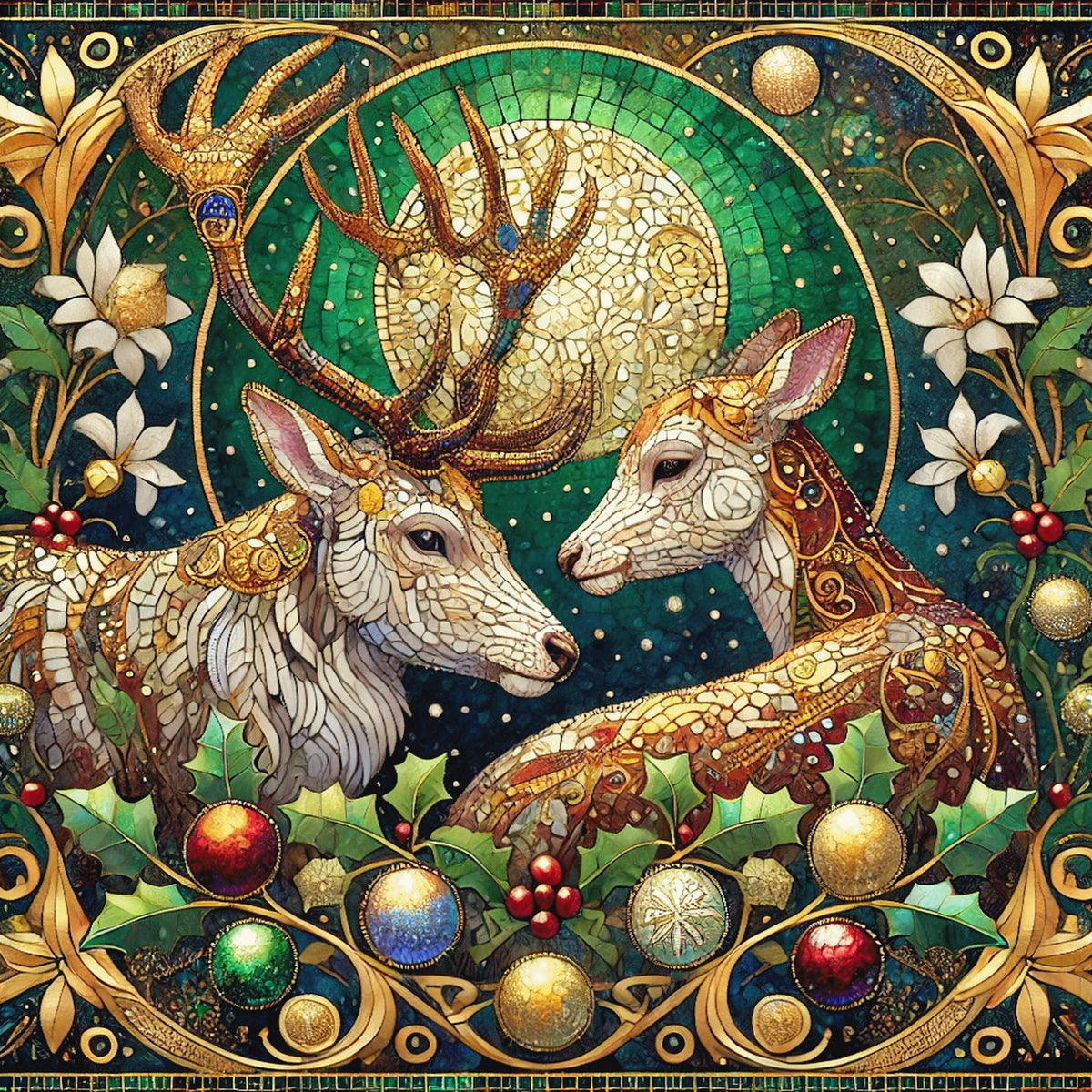 Gilded Winter Deer Couple: Romantic Vintage Fantasy Oil Painting Style Wall Art (Digital Download)